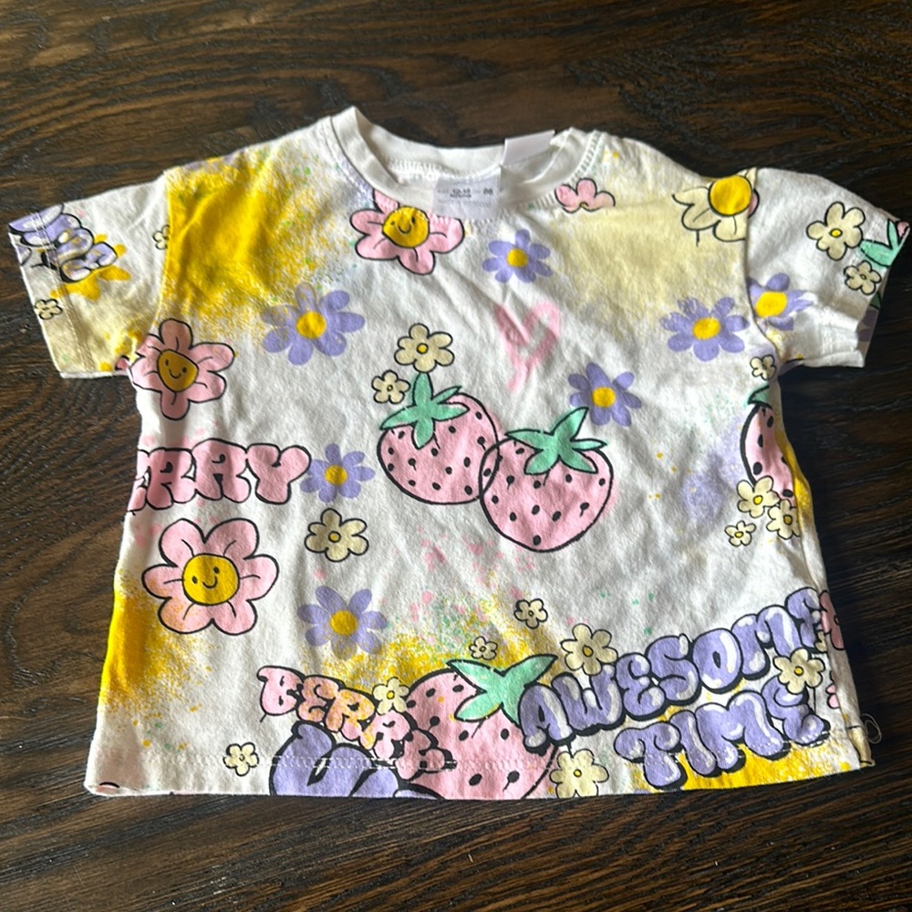 Zara White and Yellow Short Sleeve Tee with Fruit Design